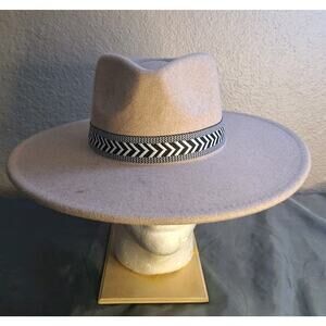 Wide Brim Fedora Beige w/Headband Cowgirl Cowboy Felt Hat